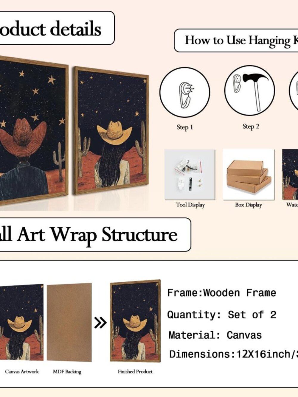 Framed Boho Western Cowboy and Cowgirl Wall Art Set of 2, Vintage Southwestern D - Picture 6 of 9